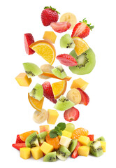 Canvas Print - Tasty fruit salad. Fresh ingredients falling on white background