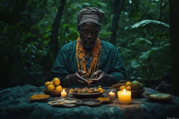 Poster - a man cooking in the forest