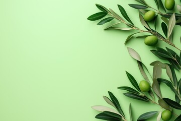 Wall Mural - green olive branch with green olives on a light green background