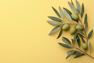 Wall Mural - a branch of green olives on a yellow background