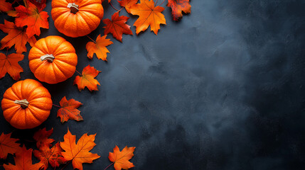 Wall Mural - A black background with three orange pumpkins and a pile of orange leaves