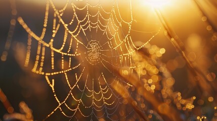Close-up of dew-covered spider web in early morning light