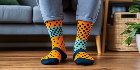 Close-up of adult feet wearing mismatched vibrant socks in a casual setting with a grey and orange color scheme