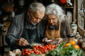 Sticker - A senior couple cooking together in their kitchen, symbolizing companionship and healthy eating habits in later years. Concept of nutrition.