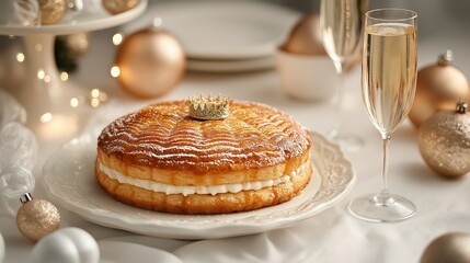 French New Year's setting with a Galette des Rois cake and a glass of champagne, with holiday ornaments, streamers, and a small crown as decorations