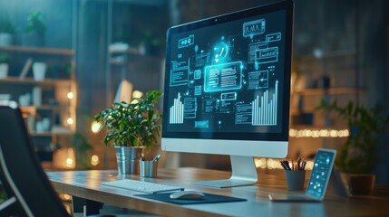 High tech digital workspace with analytics software on computer display