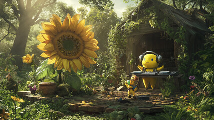 Sunflower character with headphones holding a microphone