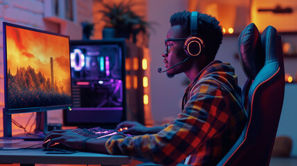 Teenager playing on a gaming PC in a well-lit modern room