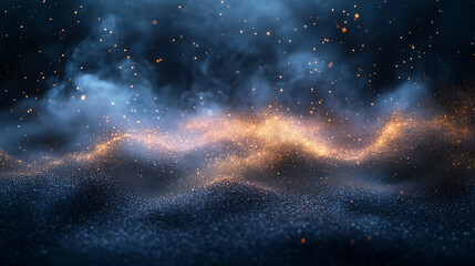 Wall Mural - glowing orange glitter wave in dark blue background grainy gradient noise texture poster banner back