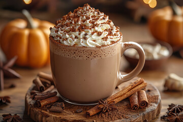 Wall Mural - Hot chocolate flavored with cinnamon or pumpkin spice is a favorite autumn treat. Concept of hot chocolate.