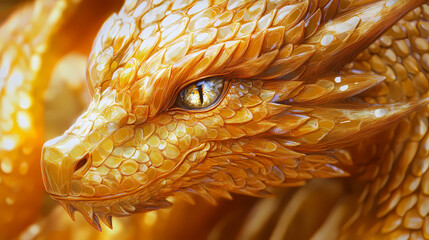 Close-up of a golden yellow dragon with shiny scales and watchful eyes. Golden Griffin. Illustration