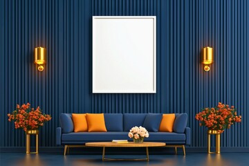 A stylish modern living room features deep blue walls, a blue sofa with orange cushions, and elegant gold accents. A minimalist design enhances the interior's sophistication.