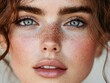 © MaMaKe - Close-up portrait of a young woman with freckles and blue eyes.