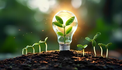 Light Bulb with Plant and Seedlings in Soil