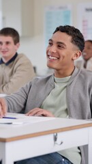 Poster - Education, laughing and student man at desk in classroom for lecture, lesson or study. Happy, humor and smile of funny learner at college, school or university for growth, learning and development