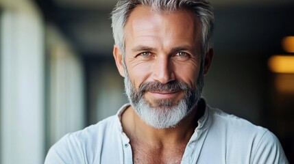 Wall Mural - Confident And Handsome. Portrait Of A Happy Mature Man With Grey Hair And Beard Smiling.