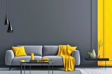 Contemporary living room featuring a gray sofa, vibrant yellow accents, sleek black coffee table, and minimalist black pendant lights against a gray wall.