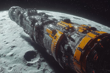 Wall Mural - a space station orbiting the moon, serving as a launch point for deeper space missions, highlighting