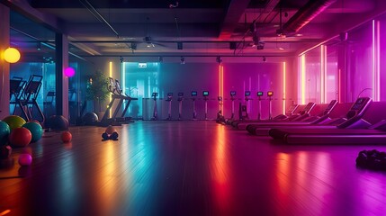 A vibrant and energetic fitness class in session, with equipment scattered and an atmosphere of enthusiasm,