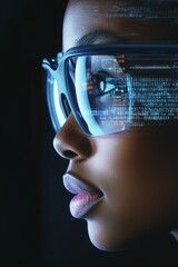 Wall Mural - Close-up Profile of a Womans Face with Futuristic Glasses and Digital Data Reflections