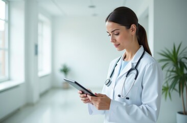 A healthcare professional reviews patient data on a tablet in a well-lit modern clinic during the day