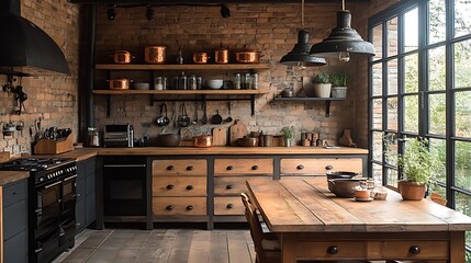 A rustic kitchen with exposed brick walls, wooden cabinets, and a large window.