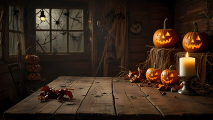 old, rustic wooden table surrounded by Halloween decorations