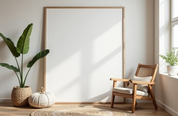 Cozy living room corner featuring a minimalist design with a large blank canvas and stylish plant accents in natural light