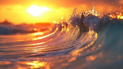 Wall Mural - ocean wave with golden sunset glow. perfect for depicting a beautiful sunset and the powerful nature