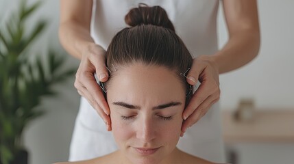 A serene scene depicting a woman receiving a soothing head massage, promoting relaxation and wellness in a calming environment.