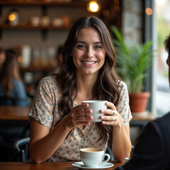 Wall Mural - A young woman with long brown hair is smiling as she holds a cup of coffee. She's wearing a floral shirt and is seated at a restaurant table.