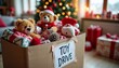 © Irina - Festively decorated cardboard box filled with teddy bears and toys for a holiday toy drive