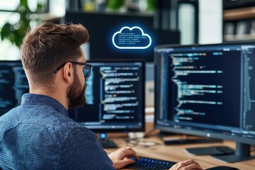a man working on multiple computer screens coding in a modern office environment.
