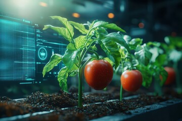 Close-up of tomato plants growing in soil, showcasing ripe tomatoes and innovative farming technology.