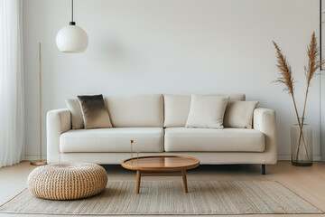 Clean modern living room featuring a single piece of furniture