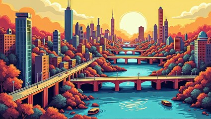 Generative, AI, vibrant cityscape with colorful buildings and trees under a clear sky with the moon visible.


