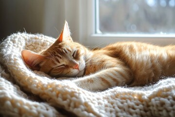 Wall Mural - A ginger cat peacefully sleeping on a knitted blanket in a warm sunny indoor spot during a cozy afternoon