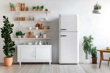 Wall Mural - White scandinavian kitchen interior with dining room and wooden floor. Simply furniture with utensils, shelves with crockery and plants in pot, refrigerator in modern minimal design - generative ai