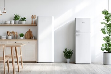 Wall Mural - White scandinavian kitchen interior with dining room and wooden floor. Simply furniture with utensils, shelves with crockery and plants in pot, refrigerator in modern minimal design - generative ai