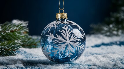 Wall Mural - Beautiful transparent glass Christmas ornament with snowflake design hanging against a dark blue snowy winter background