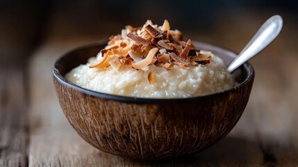 Creamy coconut rice pudding with toasted coconut flakes for culinary art and food photography