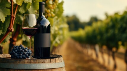 Poster - Wine bottle and glass on a barrel in a lush vineyard at sunset, AI