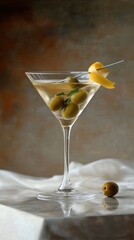 Elegant martini with olives and citrus twist for food photography and hospitality design