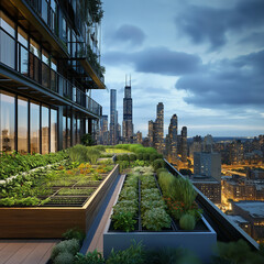 Downtown rooftop garden with urban farming and city views