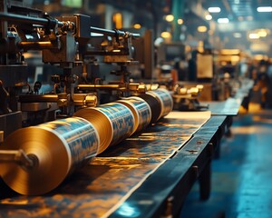 Poster - Closeup view of industrial machinery producing paperboard in a bustling factory, highlighting the intricate details of the manufacturing process
