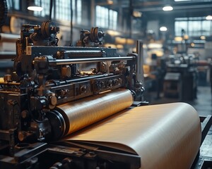 Poster - Closeup view of industrial machinery producing paperboard in a bustling factory, highlighting the intricate details of the manufacturing process