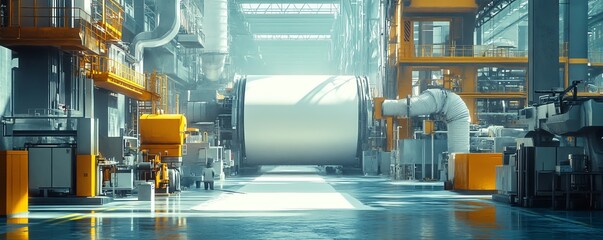 Poster - Dynamic scene of a paperboard manufacturing facility, featuring advanced industrial machinery and the production process in action
