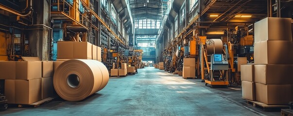 Poster - Industrial factory setting with machinery dedicated to paperboard production, emphasizing the scale and efficiency of the manufacturing process