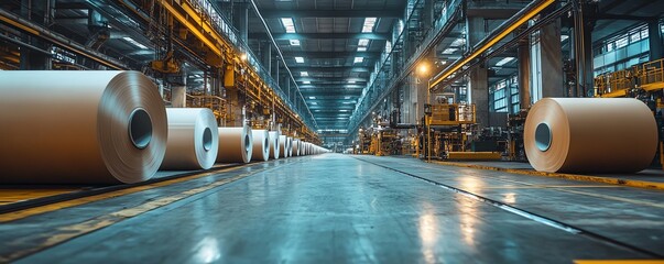 Poster - Industrial factory setting with machinery dedicated to paperboard production, emphasizing the scale and efficiency of the manufacturing process