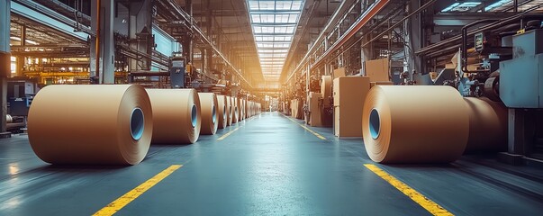 Poster - Industrial factory setting with machinery dedicated to paperboard production, emphasizing the scale and efficiency of the manufacturing process
